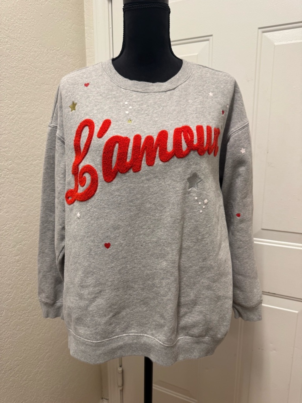 H&M Gray Crewneck Sweatshirt with Red "L'amour" Script